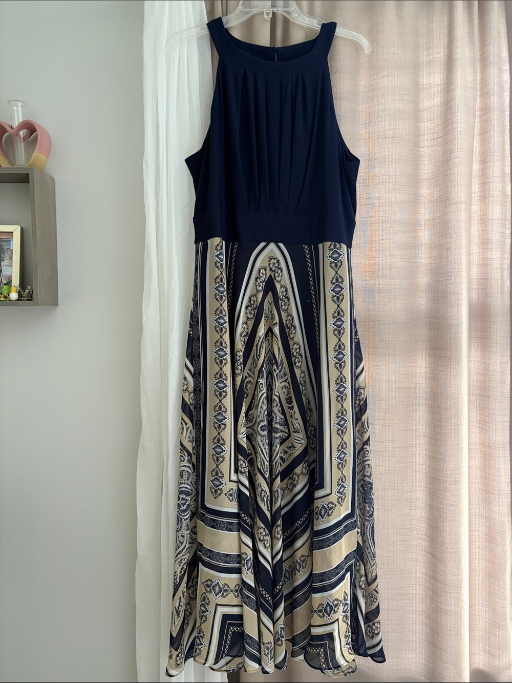 52seven Women’s Navy Blue and Cream Printed Midi Dress - Sleeveless Size 14